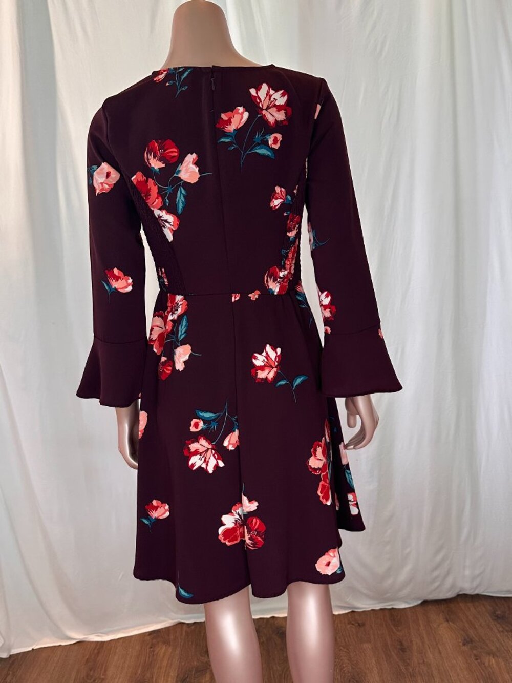 Old Navy Burgundy Floral Fit & Flare Bell Sleeve Dress | Small | A-1825 - Picture 5 of 16